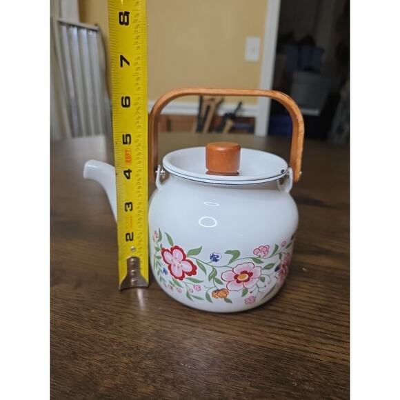 Vintage 80s Gailstyn-Sutton Enamelware Teapot Kettle Country Flower Wood Handle - Picture 4 of 16